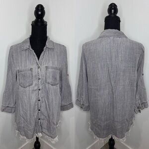 Hester Orchard Gray Washed Denim Fringe Bottom Button Up (S)
